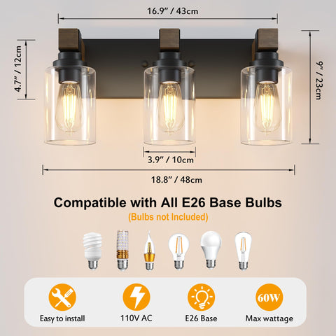 DvmTeom 3-light vanity uses an E26 base for versatile bulb options.