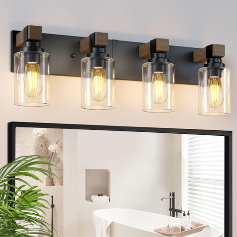 DVMTeom farmhouse vanity light over mirror with rustic wood and glass shades for even lighting.