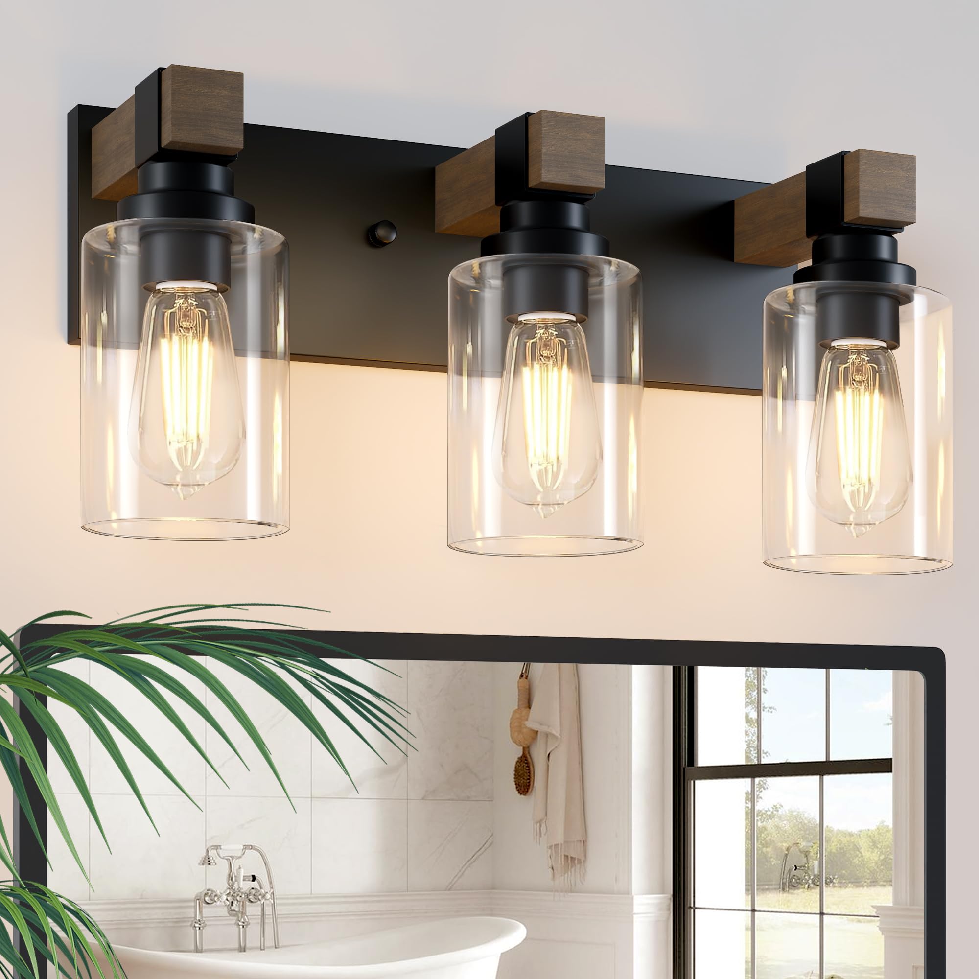 DvmTeom wood-and-glass combination adds warmth and character to baths.