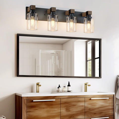DVMTeom wood vanity light closeup showing natural grain and warm ambience.