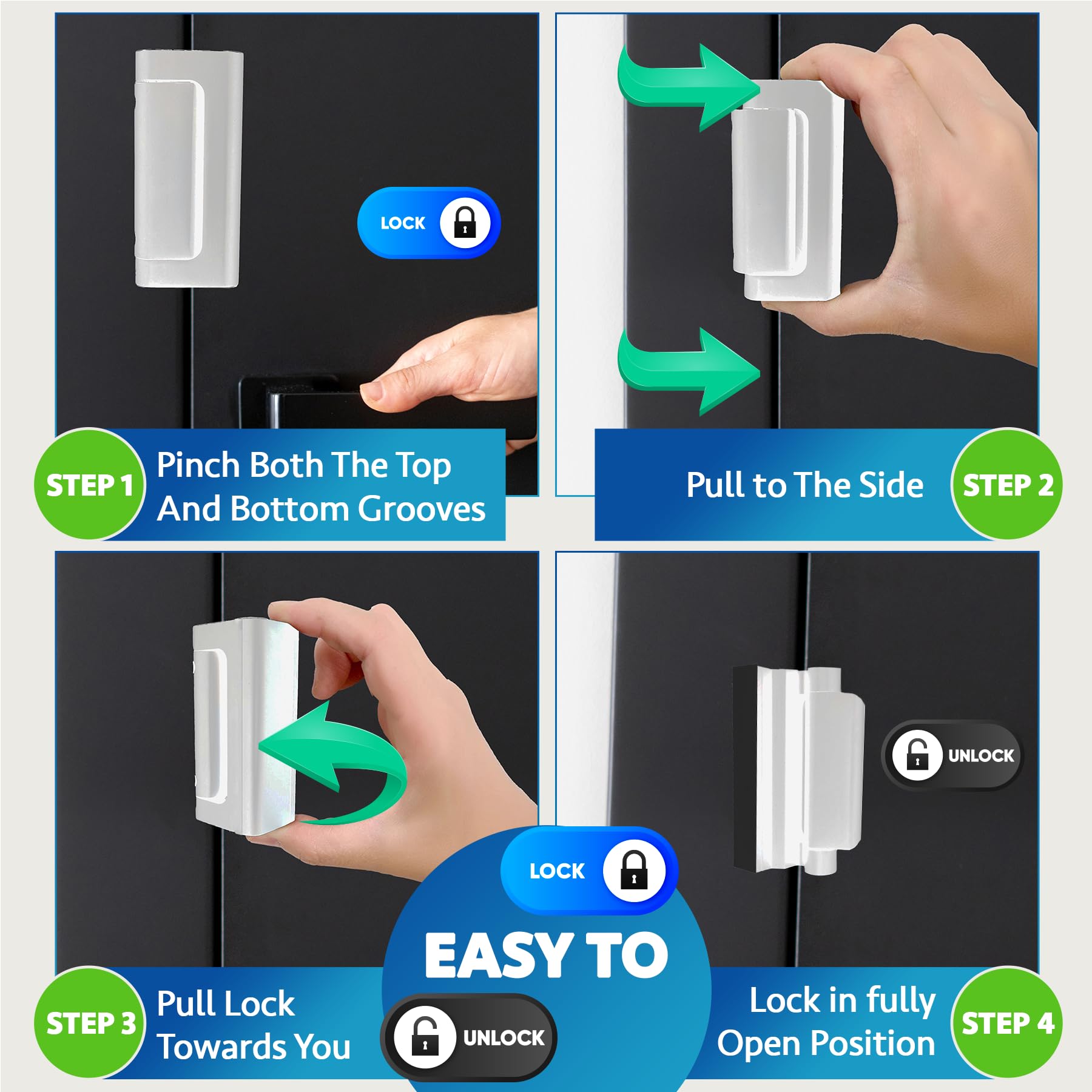 Dwell+Good child-proof door lock with spring-loaded mechanism in use