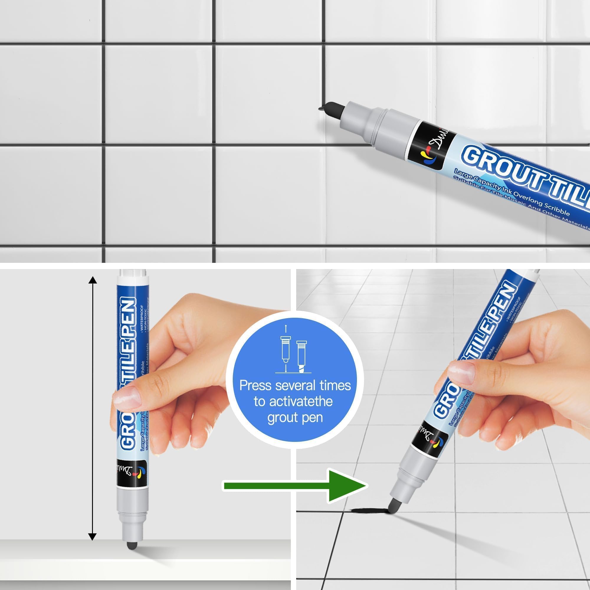 DWIL grout pen close-up for precise grout line work