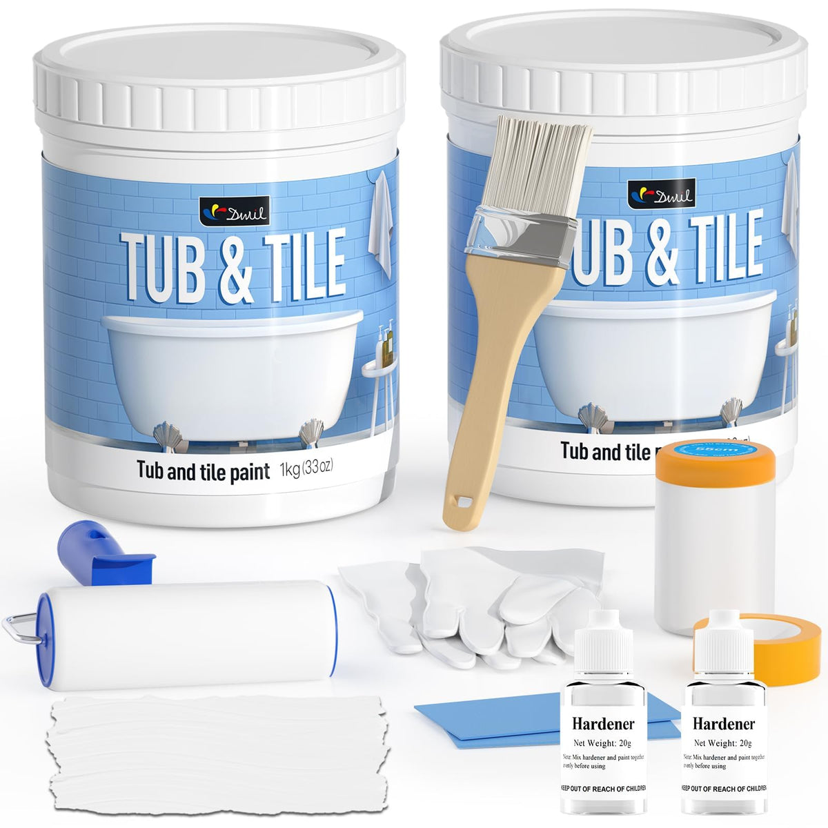 DWIL tub paint kit contents shown for DIY refinishing projects.