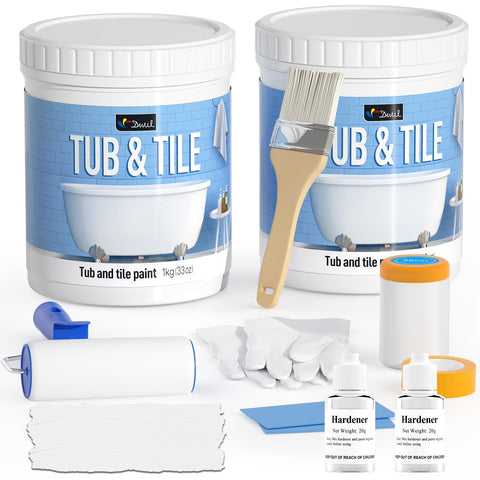 DWIL tub paint kit contents shown for DIY refinishing projects.