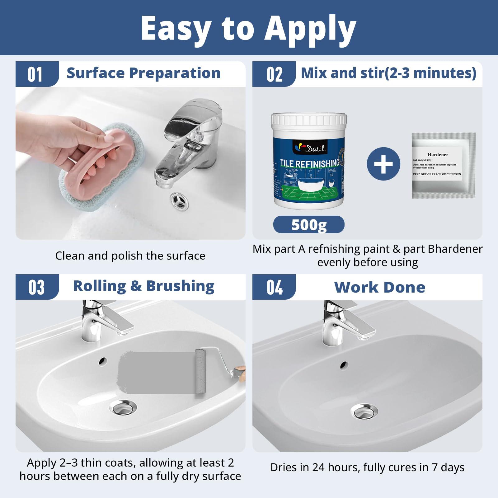 DWIL tub paint kit finish gloss: semi-gloss white that resists scratches and cleans easily