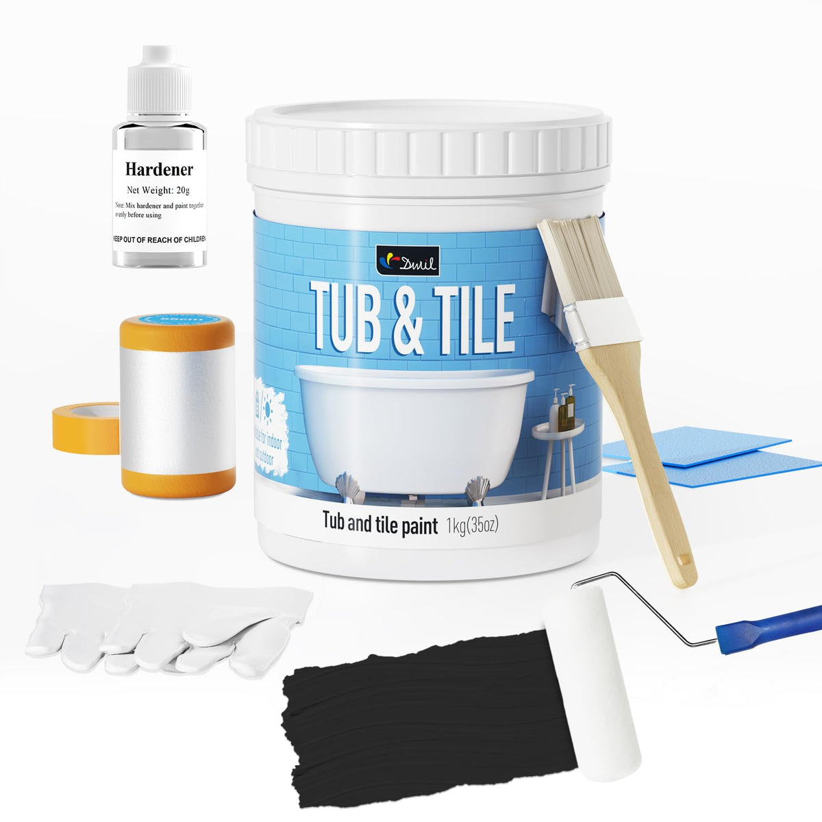DWIL tub and tile refinishing kit bottle close-up showing quick-dry formula