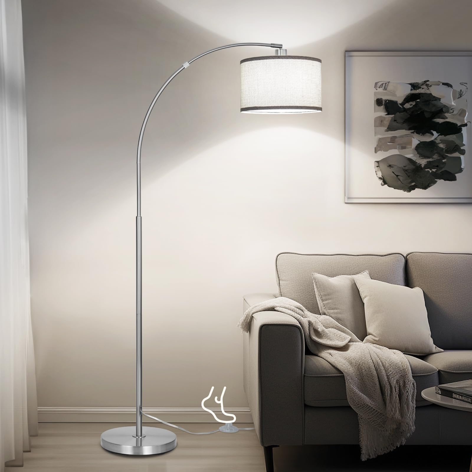 DWTB Silver Arc Floor Lamp with arching arm, ideal for cozy reading corners.