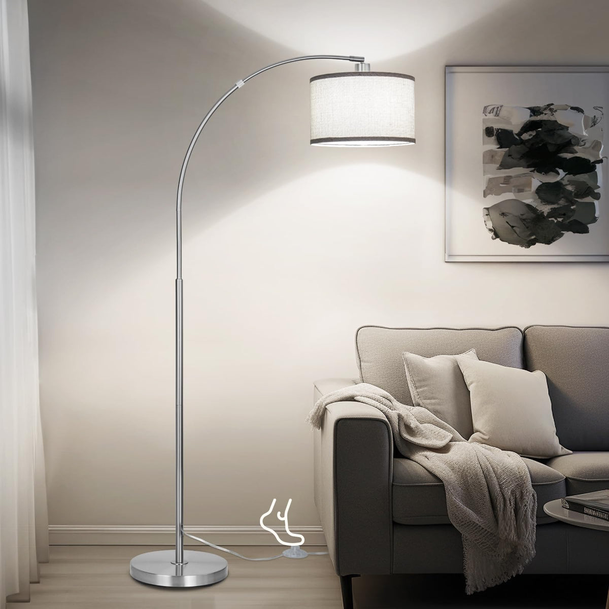 DWTB Silver Arc Floor Lamp with arching arm, ideal for cozy reading corners.