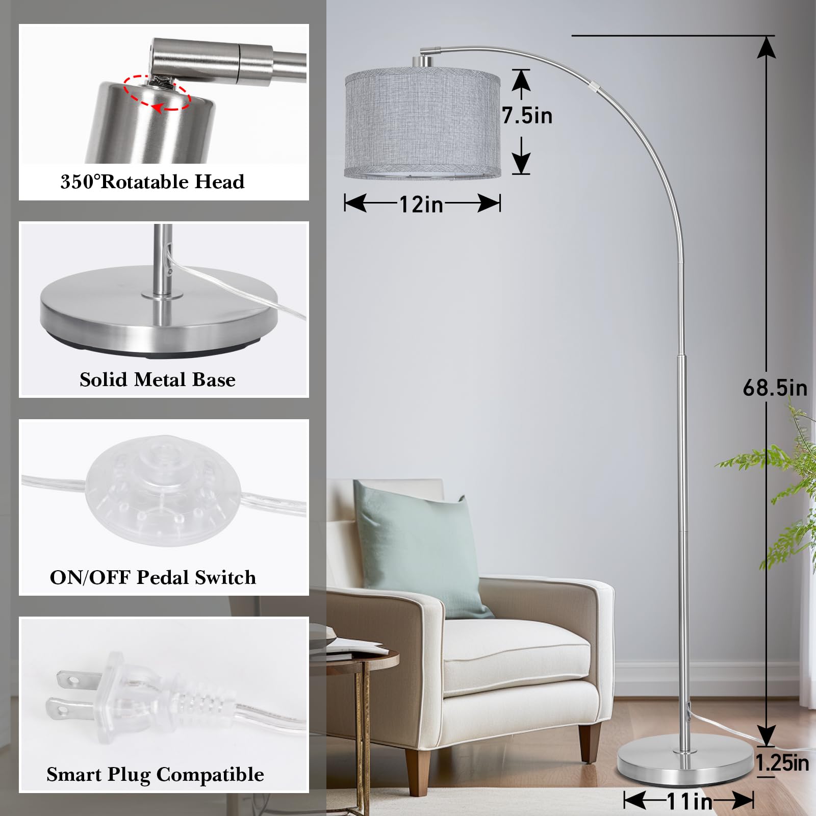 DWTB Silver Arc Floor Lamp drum shade softens light for relaxed evenings.