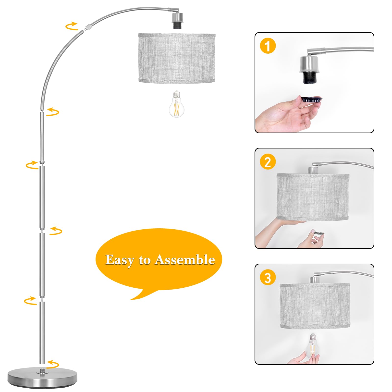 DWTB Silver Arc Floor Lamp includes 8W LED bulb for instant ambient glow.