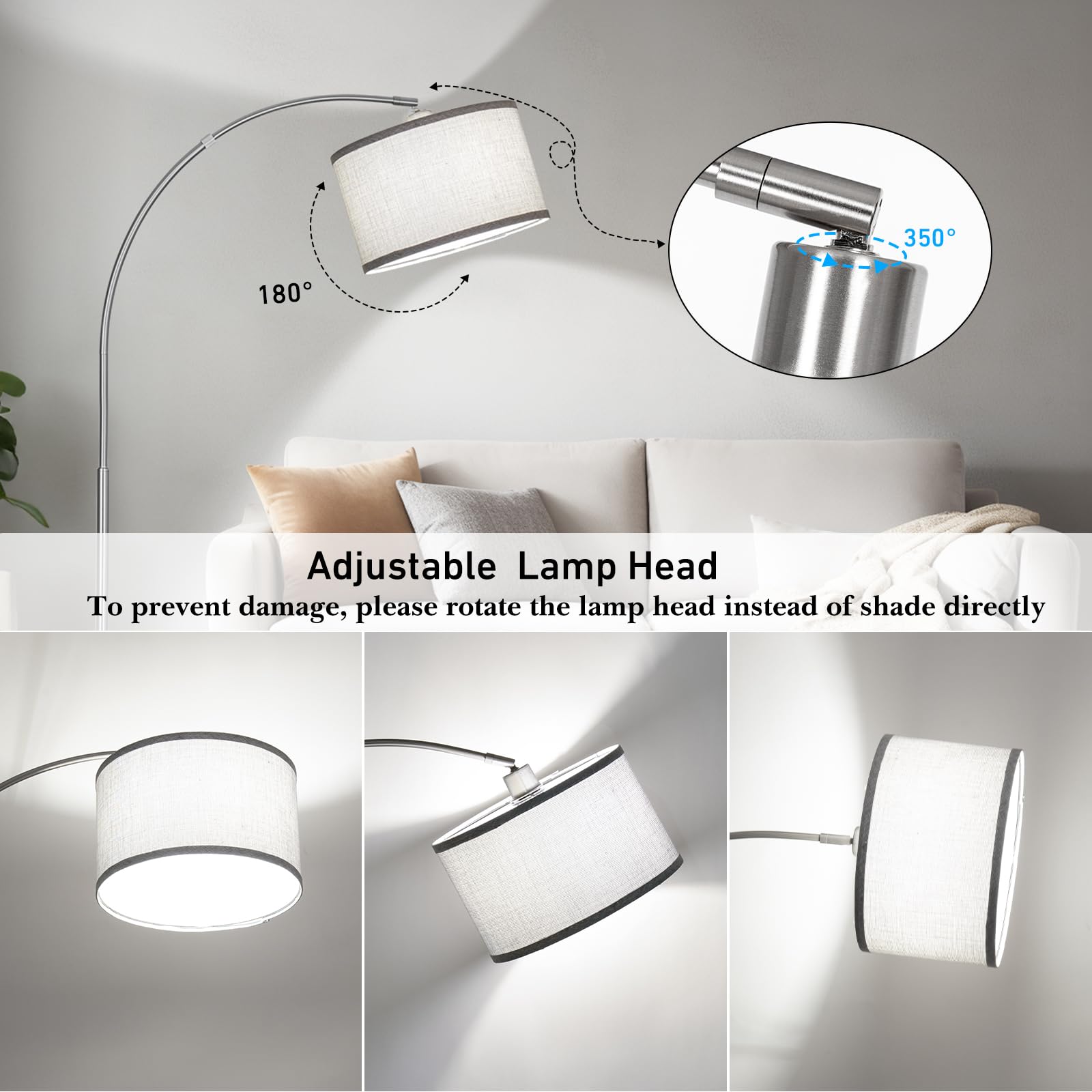 DWTB Silver Arc Floor Lamp metal base provides stable support in busy rooms.