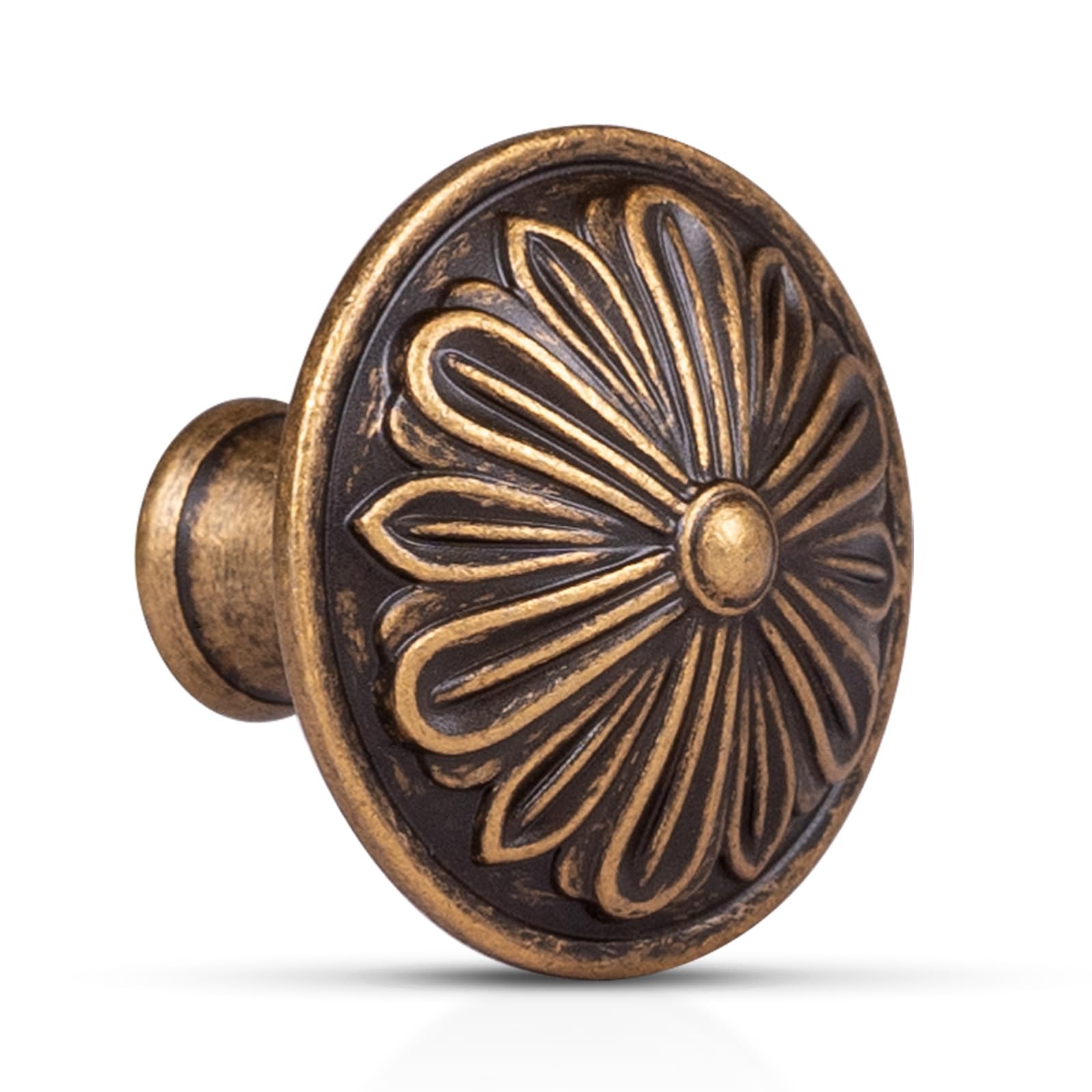 DWYL & LWYD antique brass knob close-up showing solid zinc alloy and vintage finish