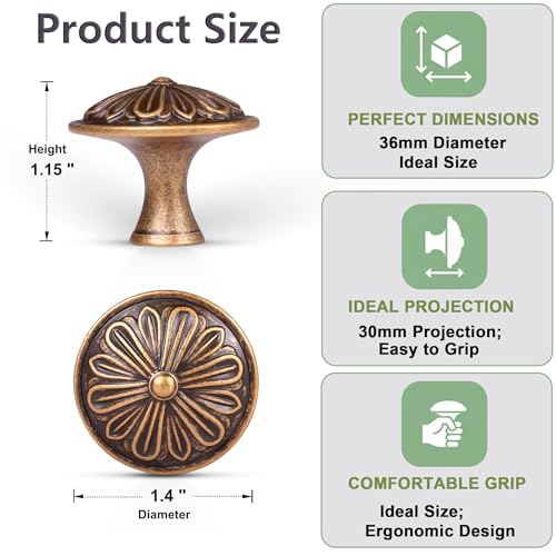 DWYL & LWYD vintage brass knob with floral design, ideal for kitchen cabinets