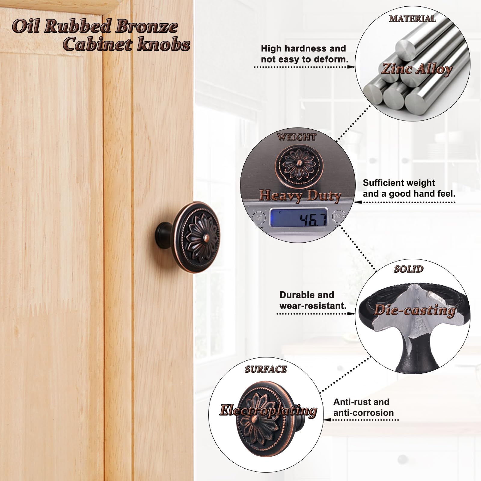 Zinc alloy construction offers sturdy daily use for cabinets, drawers, and dressers