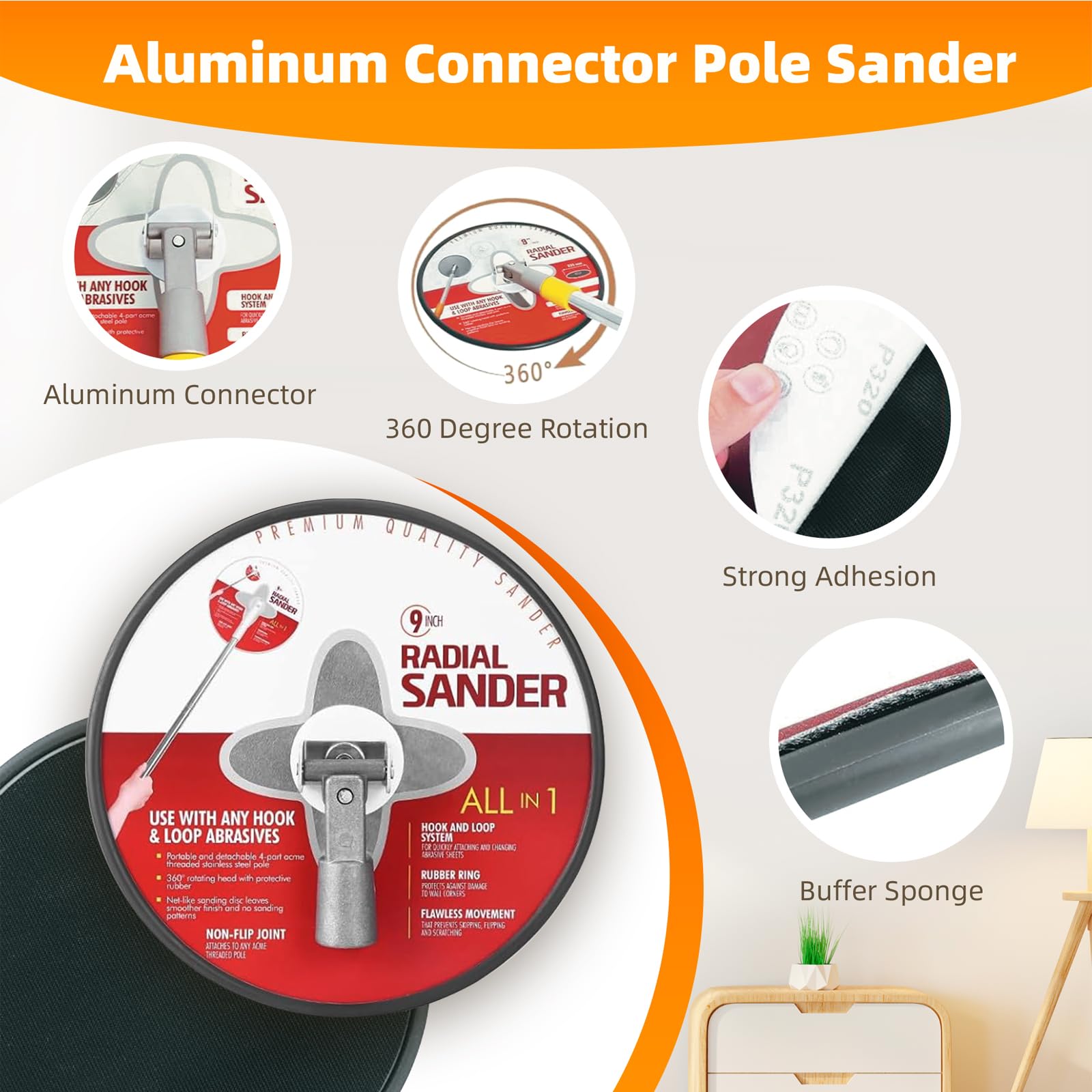 Dwysxia extension-pole aluminum-connector supports stable long-reach sanding.