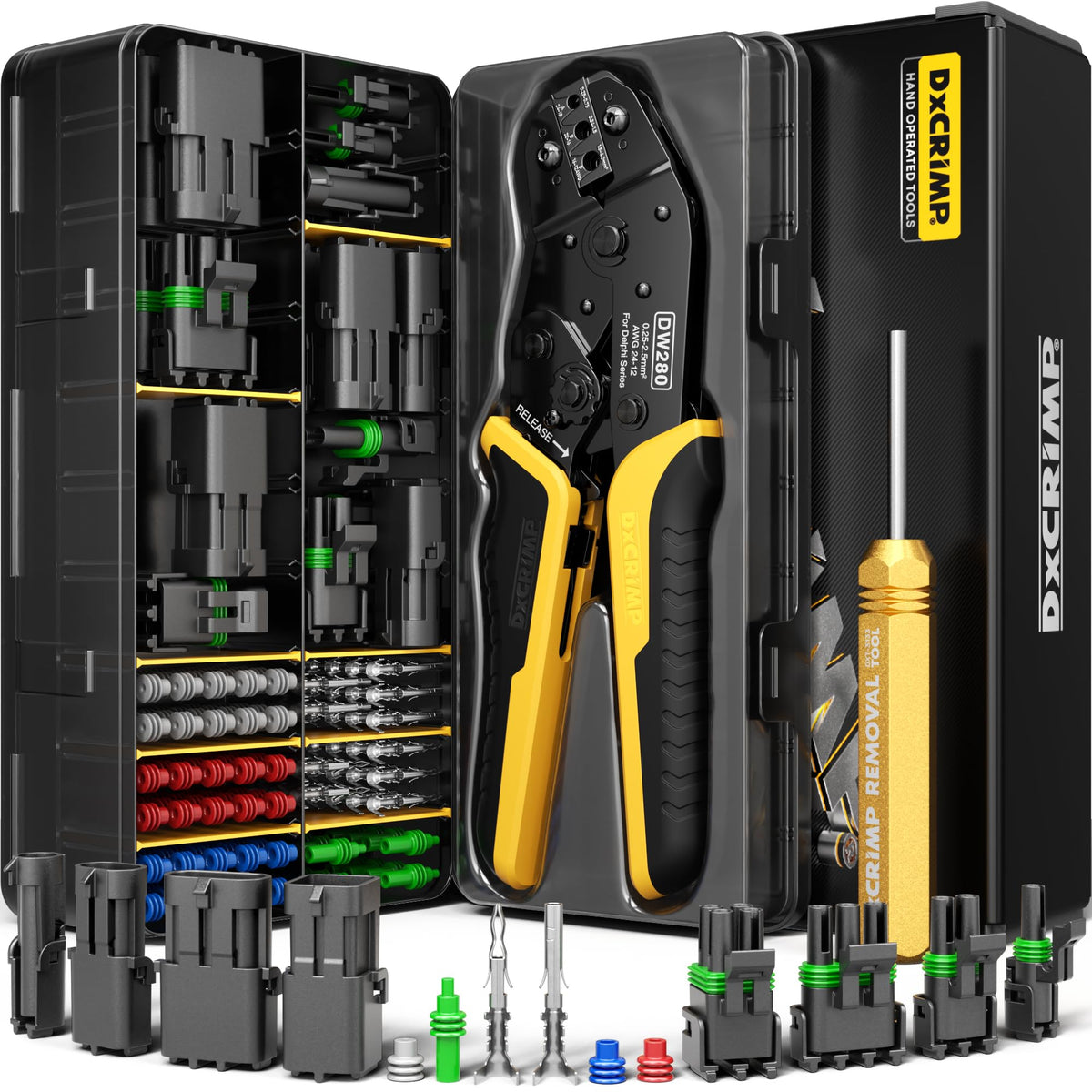 DXCRIMP Weather Pack housings provide reliable, weatherproof pin connections.
