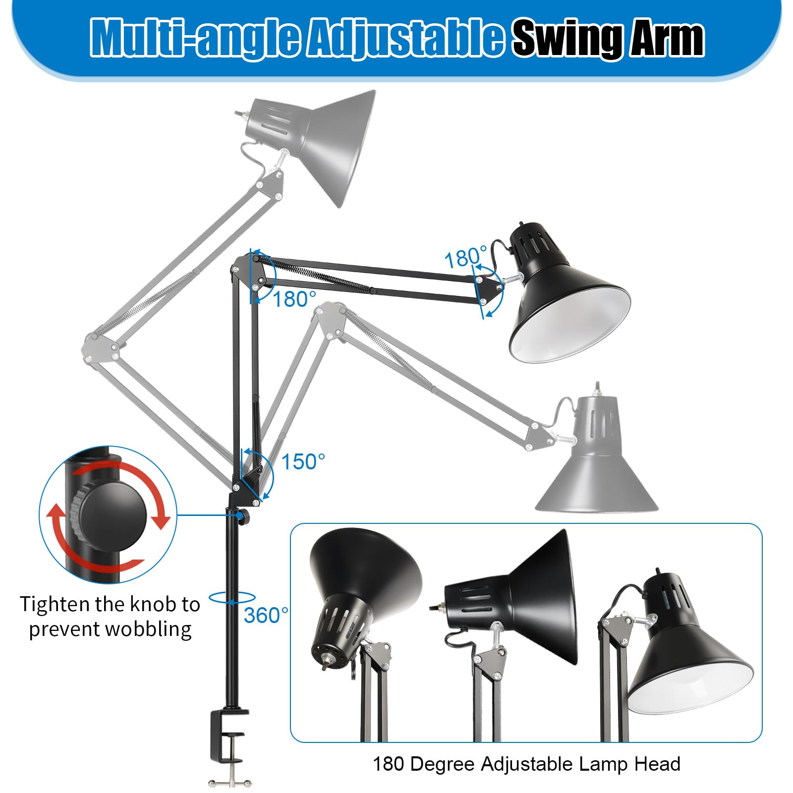 DXOVEEN clamp lamp features 360-degree swing for flexible task lighting near books.