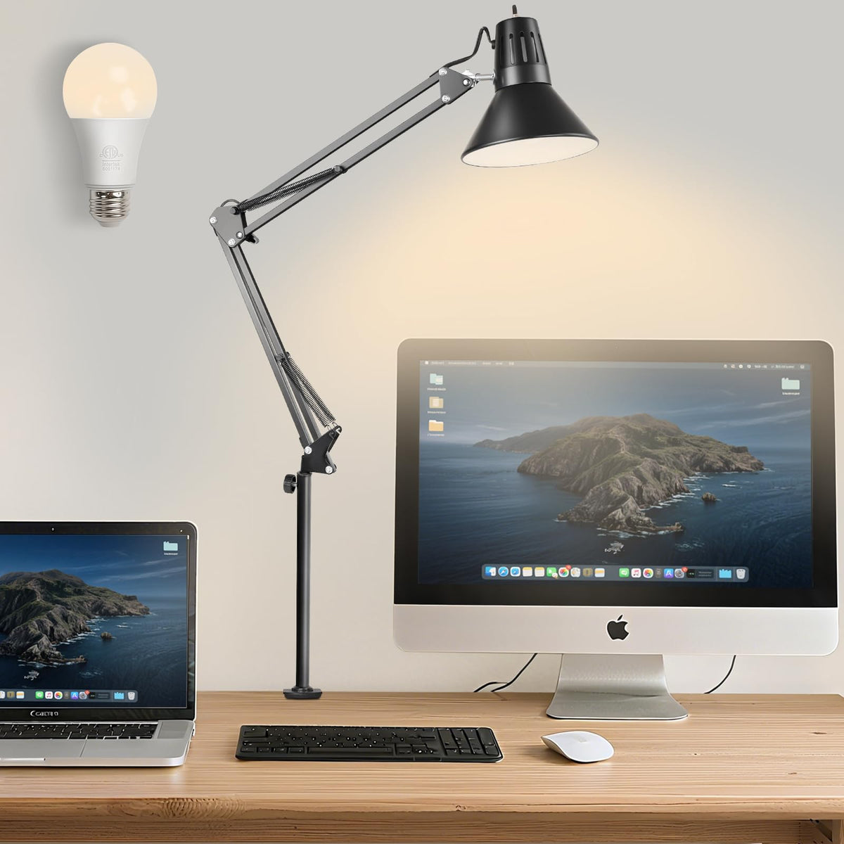 DXOVEEN LED clamp lamp with arm extended for broad desk illumination and drafting.