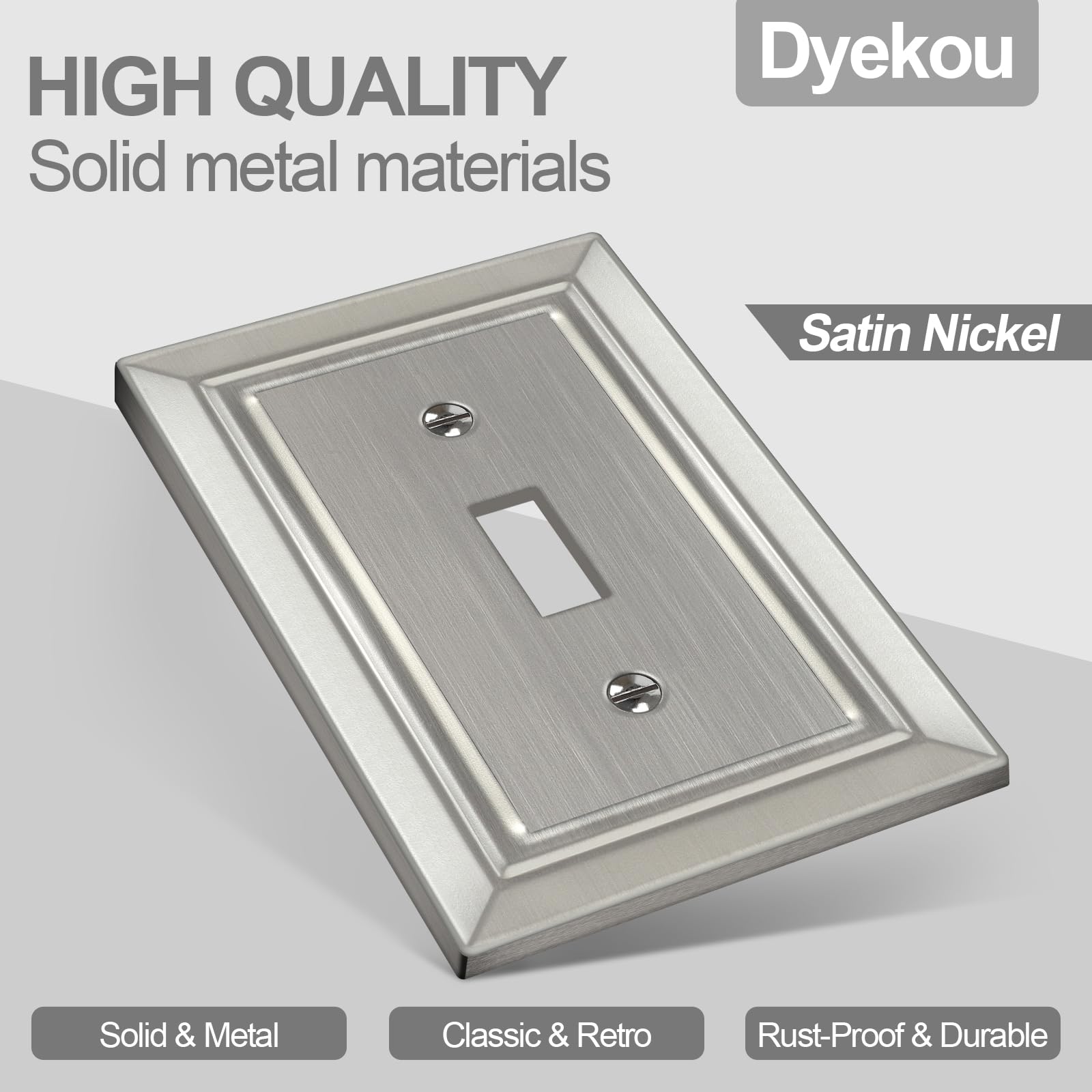 Dyekou brushed-nickel outlet cover 1-gang blends seamlessly with metal fixtures.