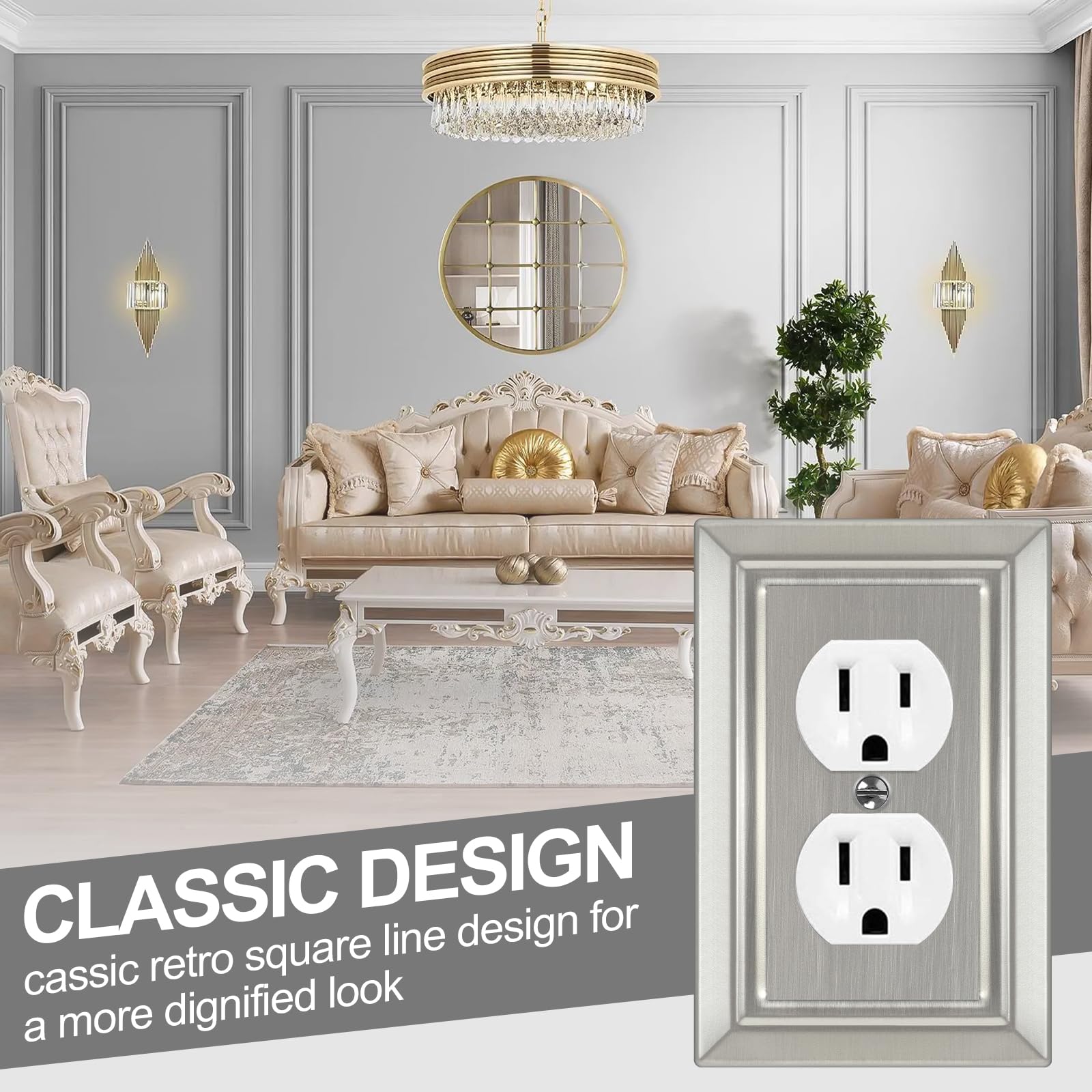 Dyekou brushed nickel wall plate in living room complements modern decor and protection