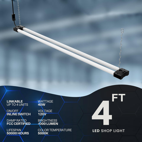 DYMOND 4ft LED Shop Light hung for versatile workshop lighting.