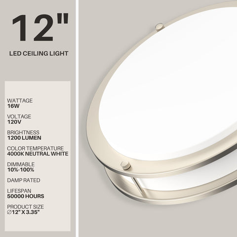 DYMOND flush-mount LED ceiling light 12-inch brushed nickel adds sleek, ample illumination.