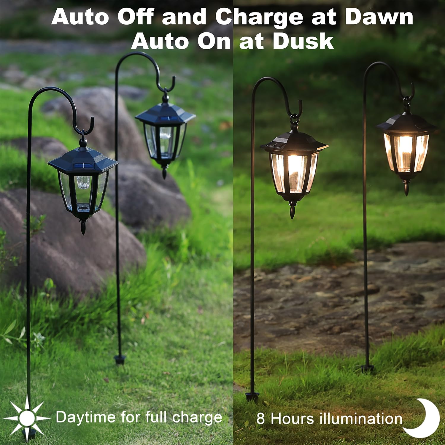 Dynaming 38-7-inch shepherd hook elevates lanterns along a yard walkway.