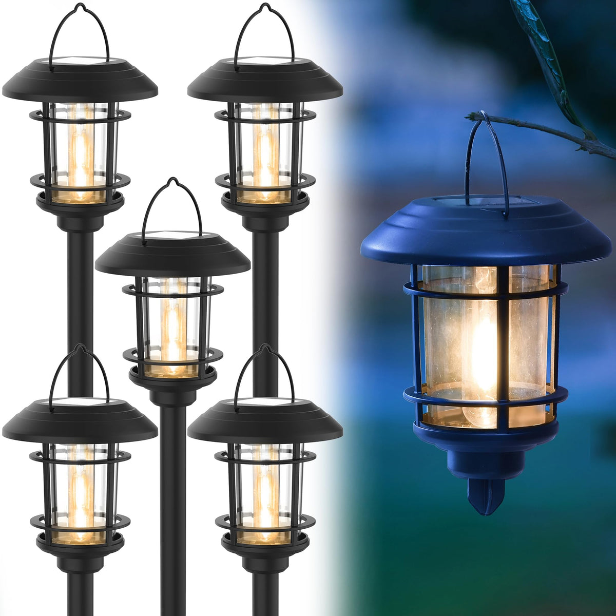 Dynaming six-pack solar path lights illuminate a dark walkway with warm Edison glow