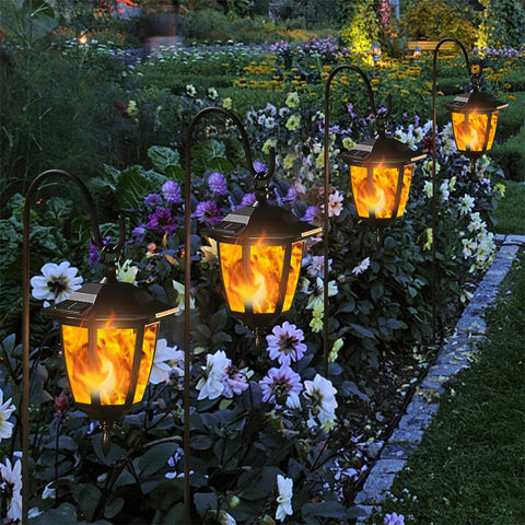 Dynaming flickering flame outdoor light guides paths with subtle glow.