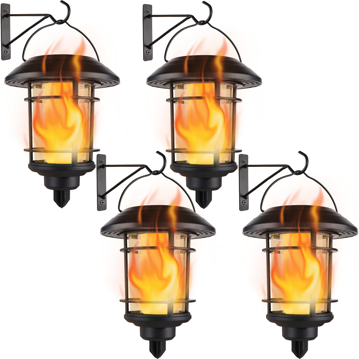 Dynaming four-pack solar flame wall lanterns illuminate doorways with warm, flickering light.