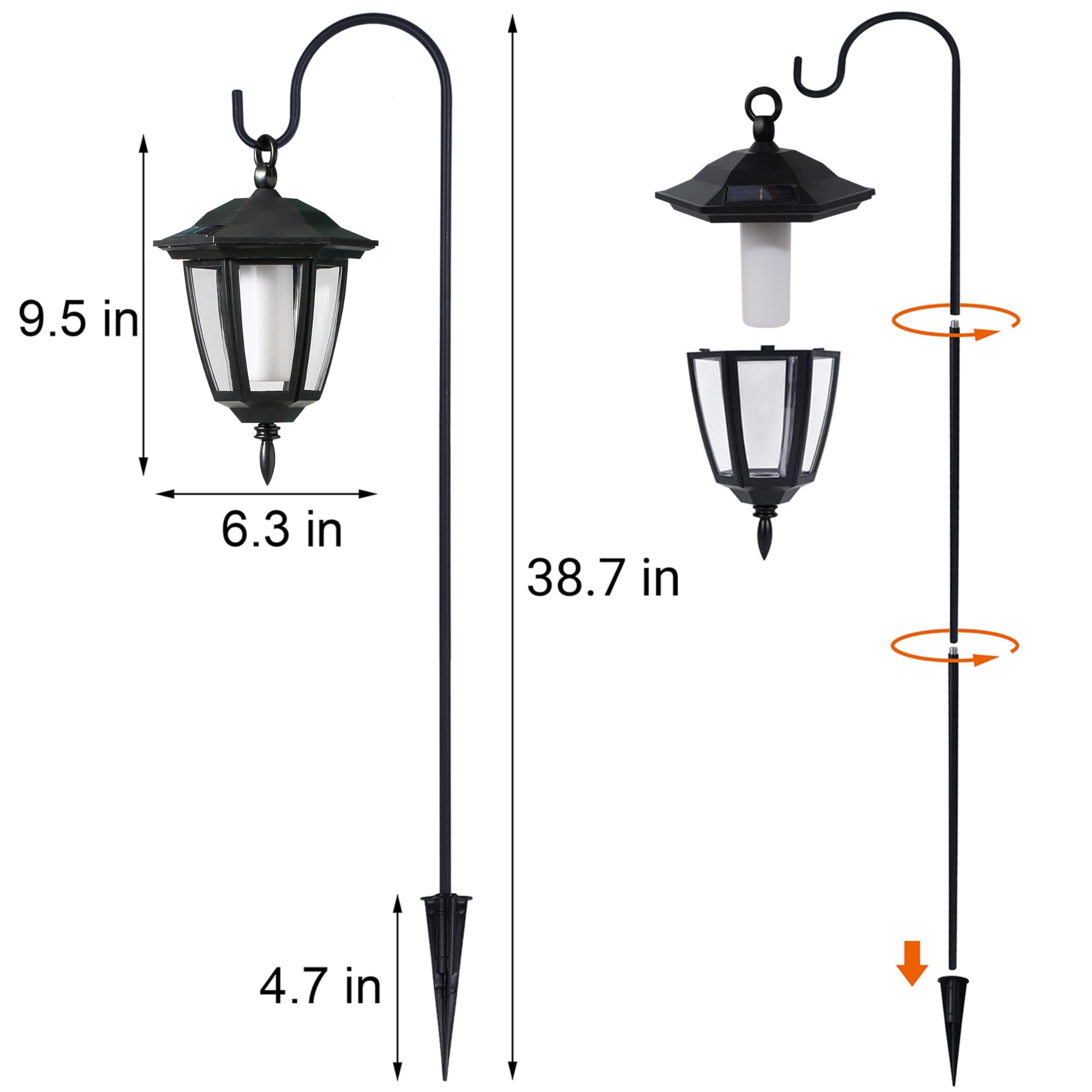 Dynaming hanging lantern assembly with shepherd hooks for quick outdoor setup.