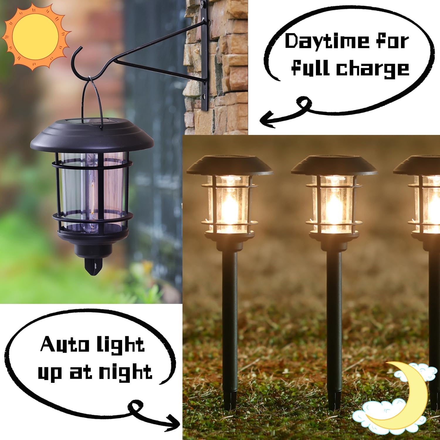 Dynaming hanging lantern lights provide soft wall lighting from a shepherd hook