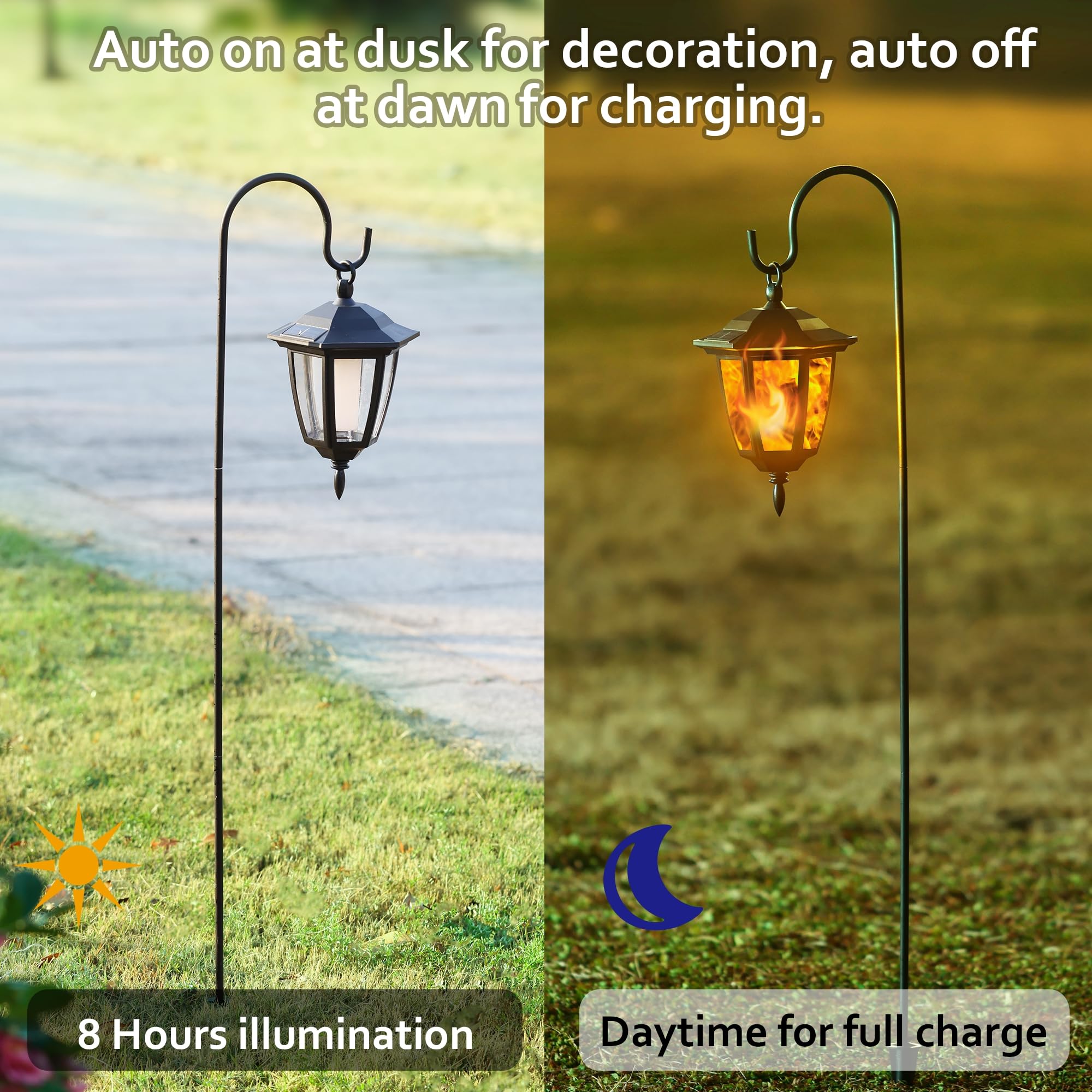 Dynaming shepherd hooks hold lanterns along a walkway at night.
