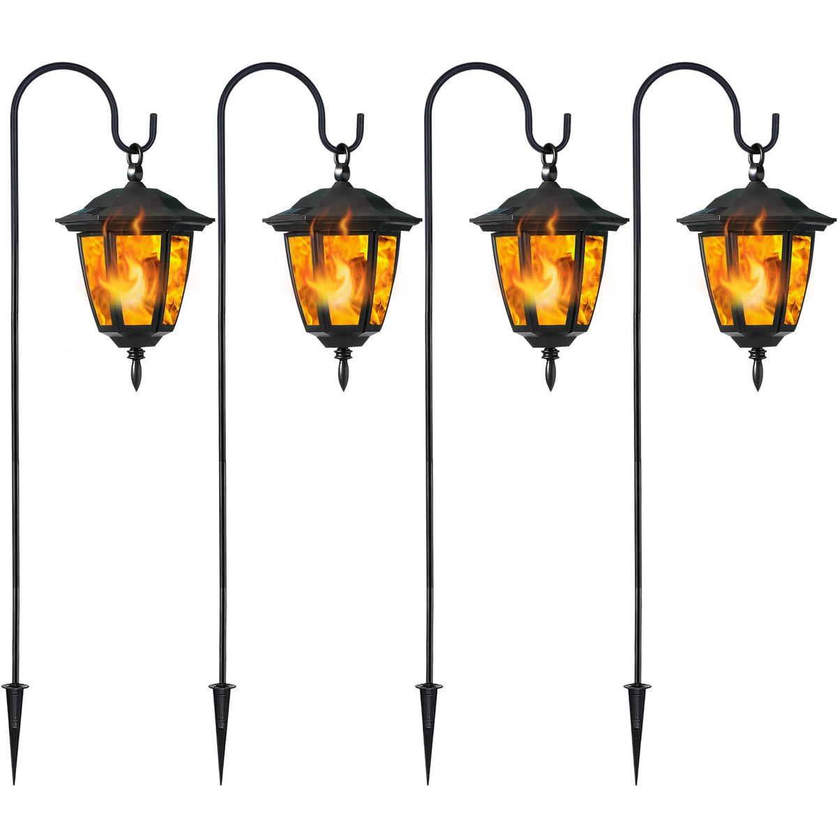 Dynaming solar flame lantern hanging lights create warm garden ambiance.