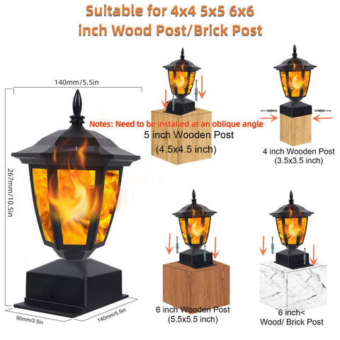 Dynaming solar flame post light on a 5x5 cap provides safe decorative lighting