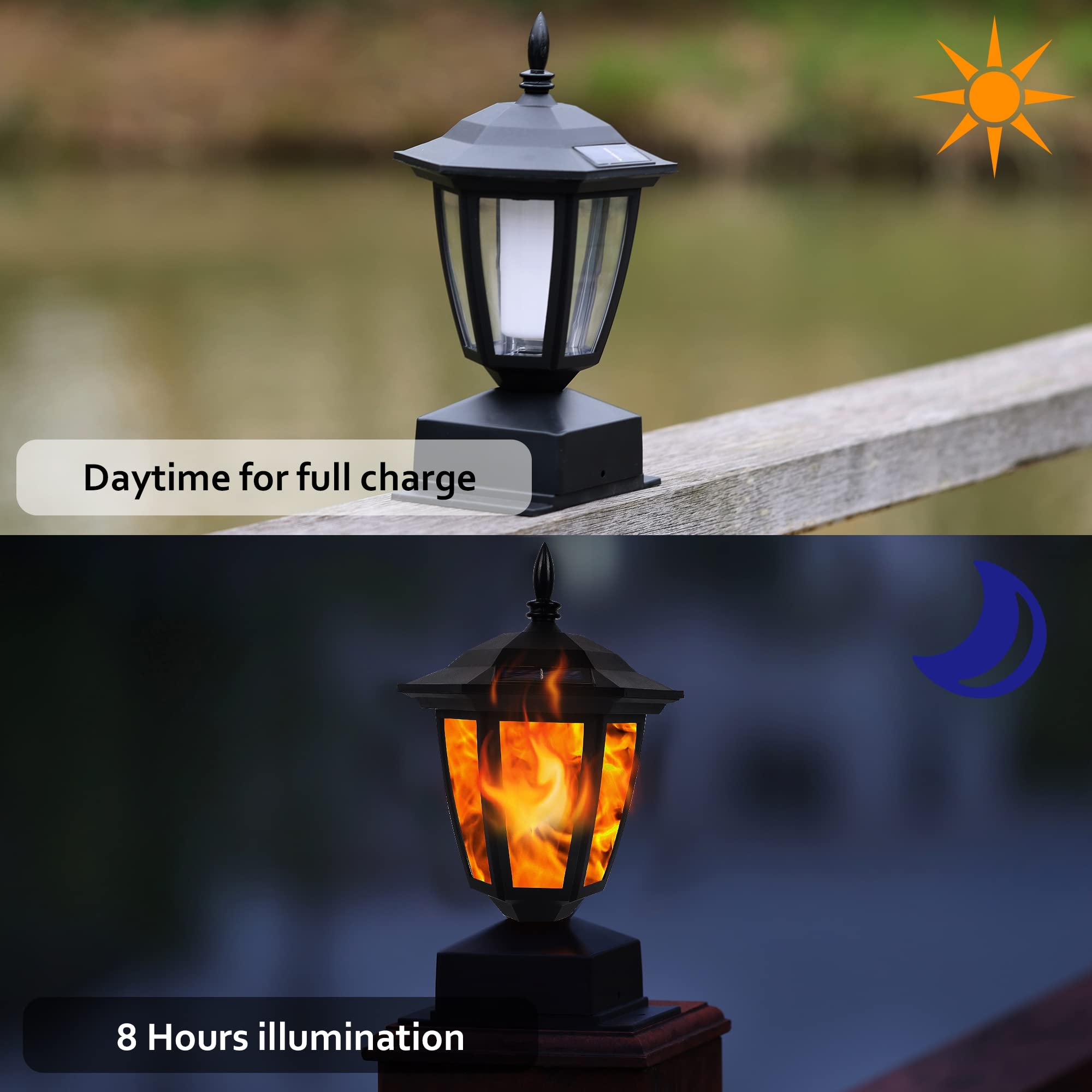 Dynaming solar flame post light on a 6x6 cap enhances garden pathways safely