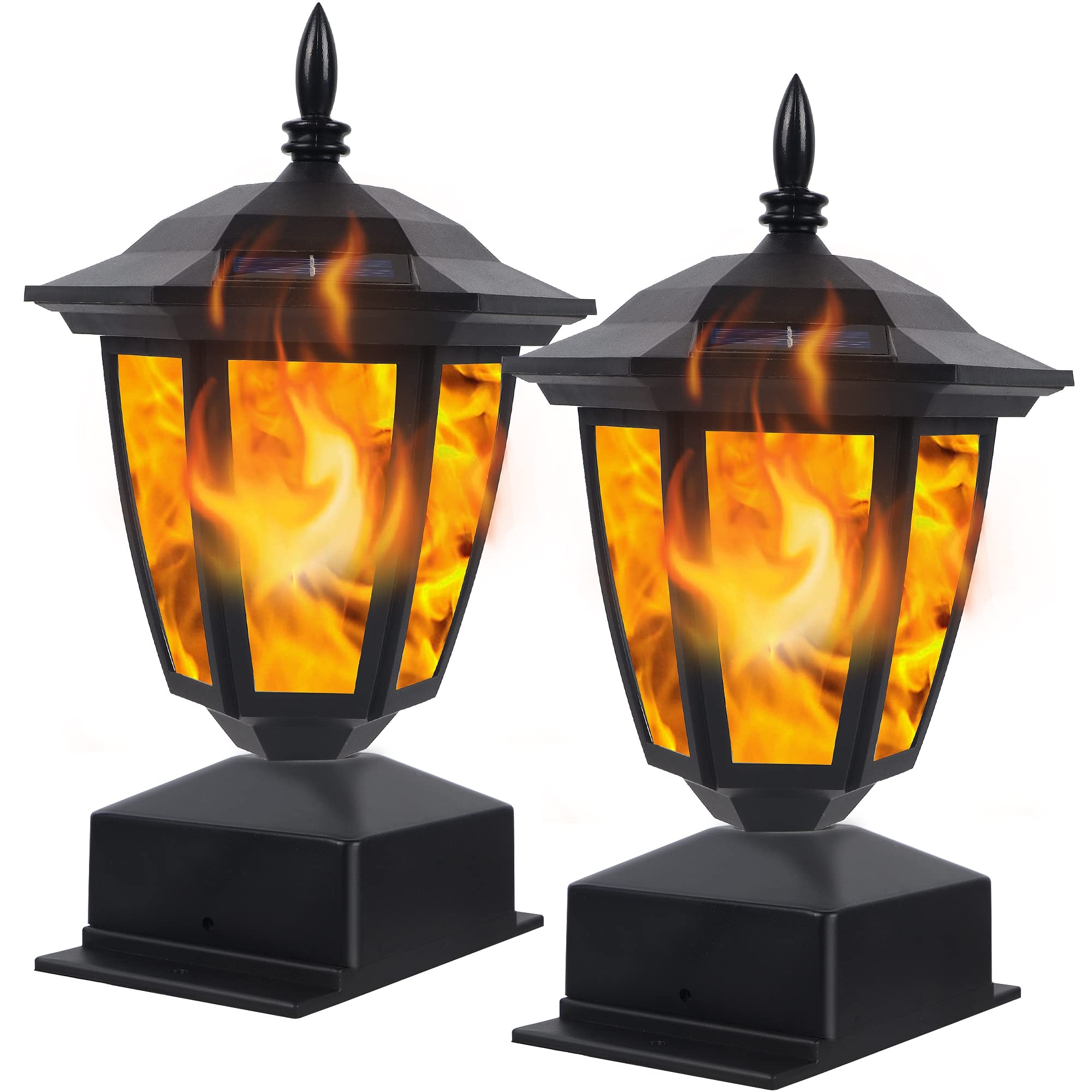 Dynaming solar flame post light front view glows softly for garden ambiance
