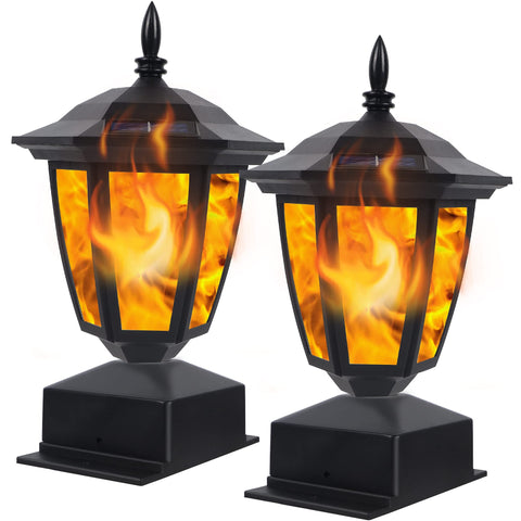 Dynaming solar flame post light front view glows softly for garden ambiance