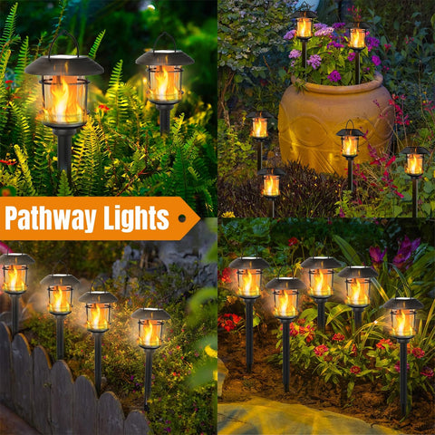 Dynaming solar flame torch at night enhancing garden ambience