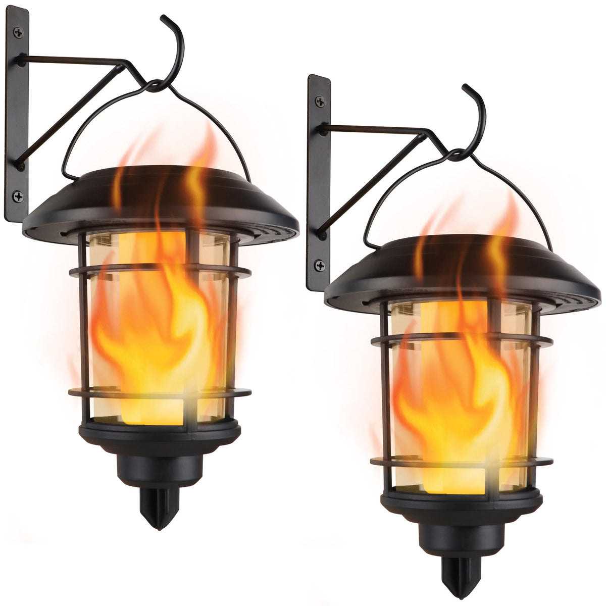 Dynaming solar flame wall lanterns illuminate outdoor spaces with a warm, safe glow.