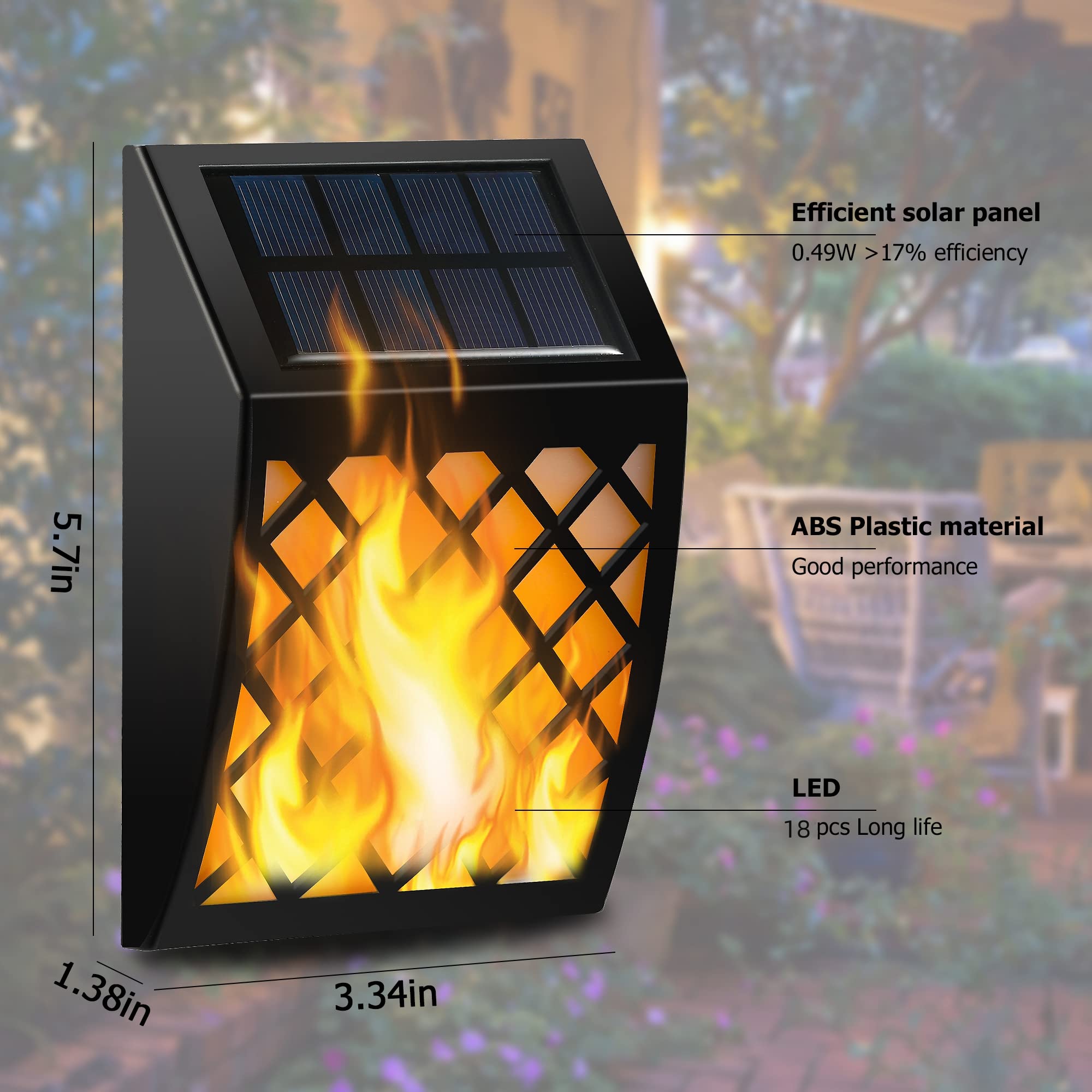 Dynaming Solar Flame Wall Light on deck or porch, gentle evening glow.