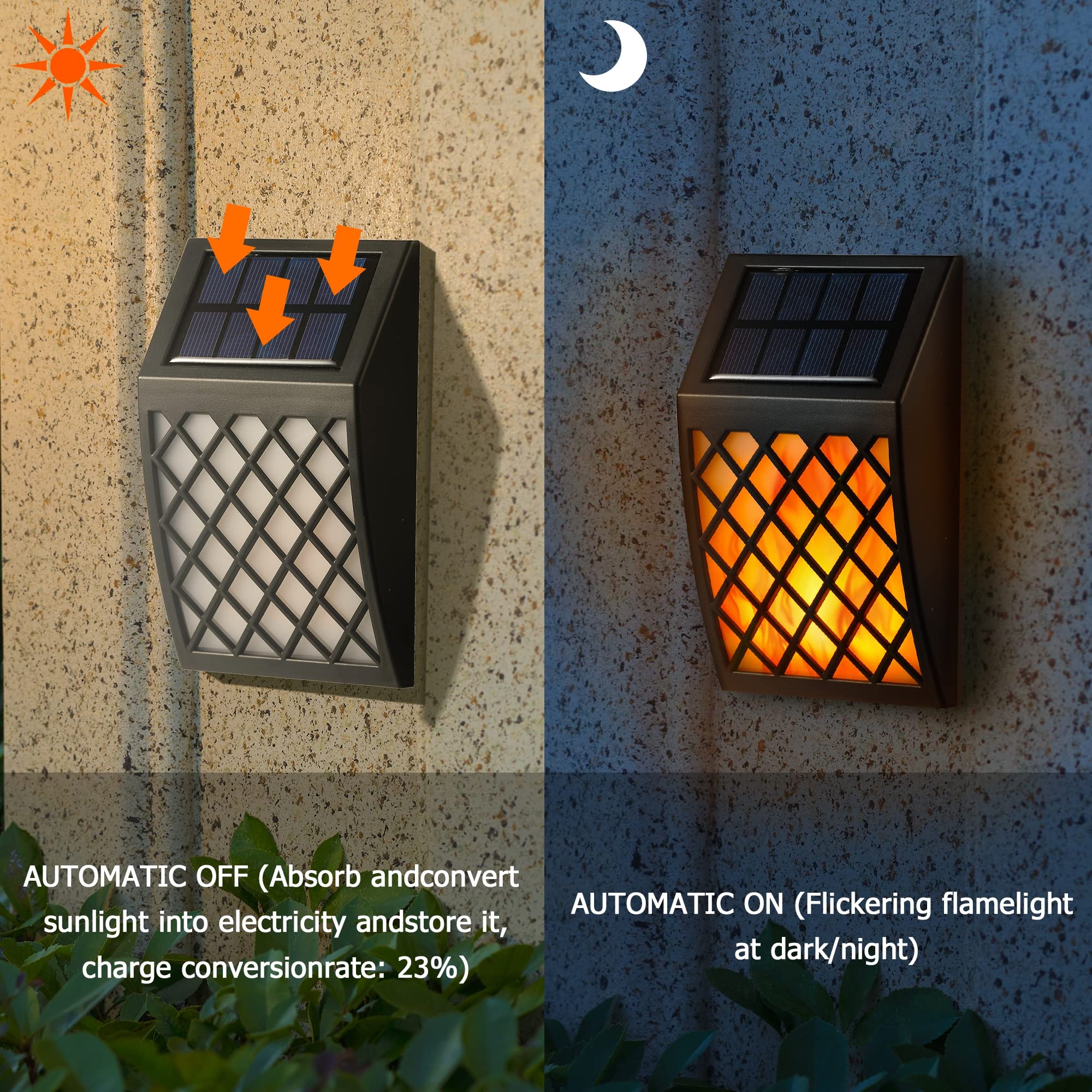 Dynaming Solar Flame Wall Light for fence installation, creates garden ambiance.
