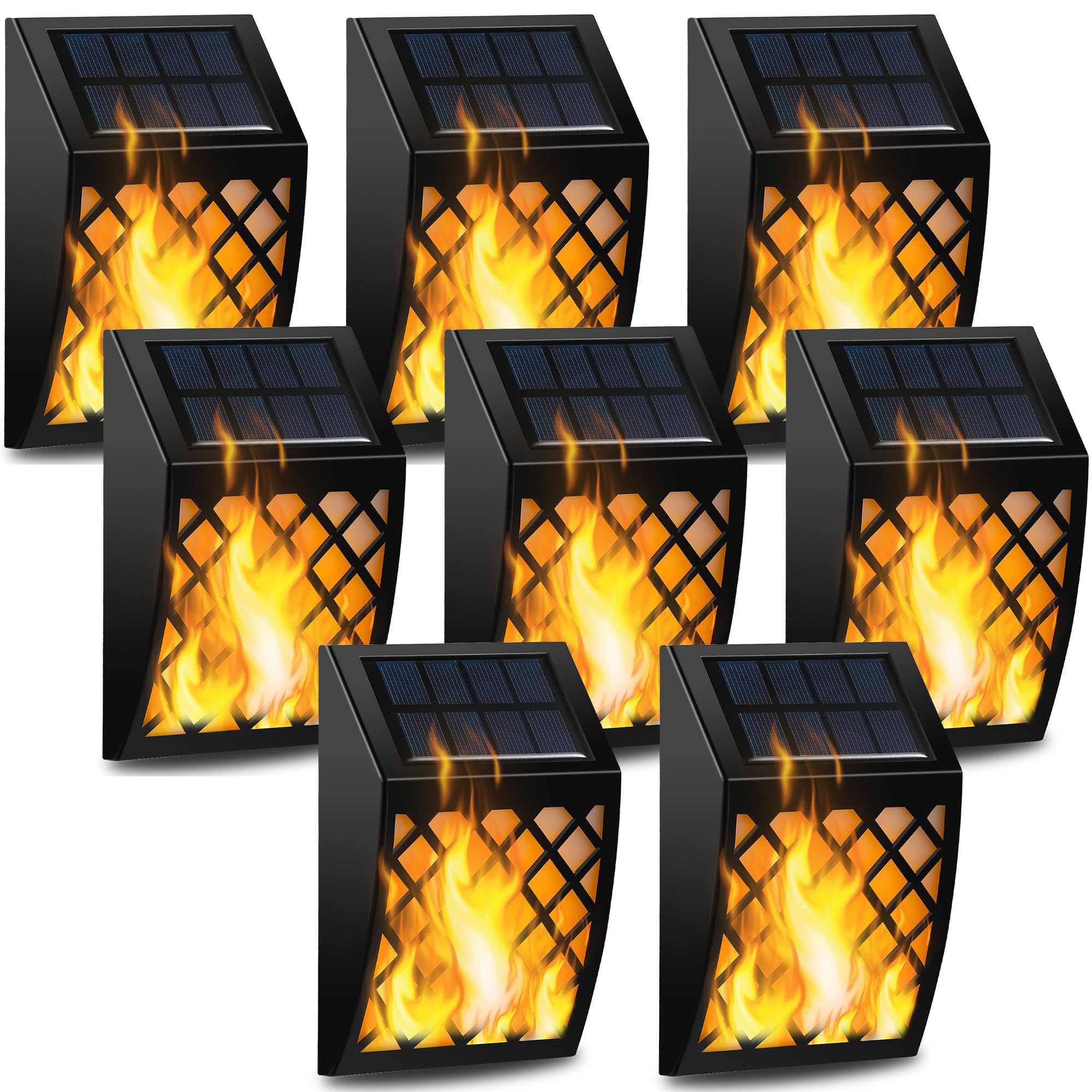 Dynaming Solar Flame Wall Light 8-pack, front view, ideal for porch lighting.