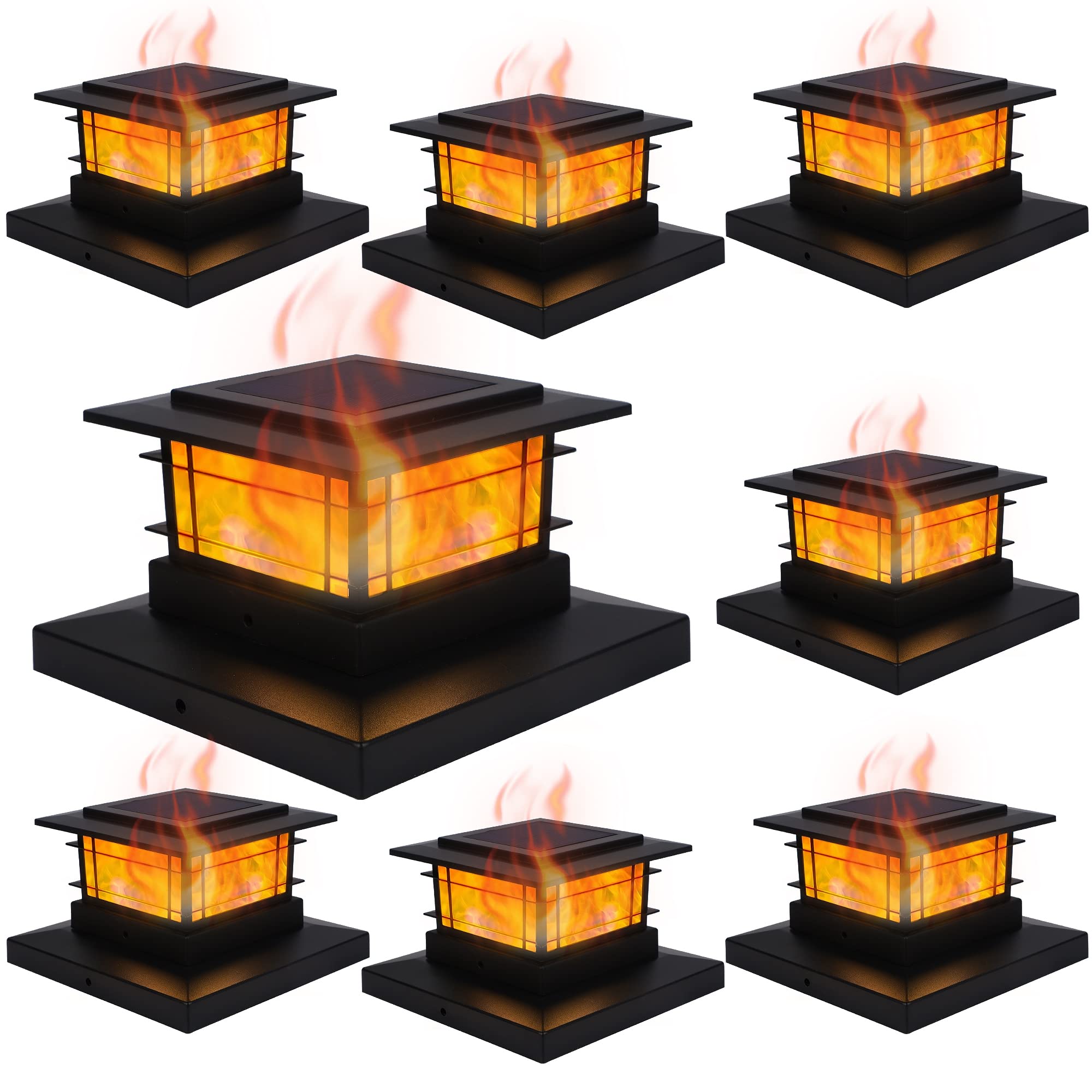 Dynaming solar post cap light with flickering flame illuminates wooden posts at dusk.