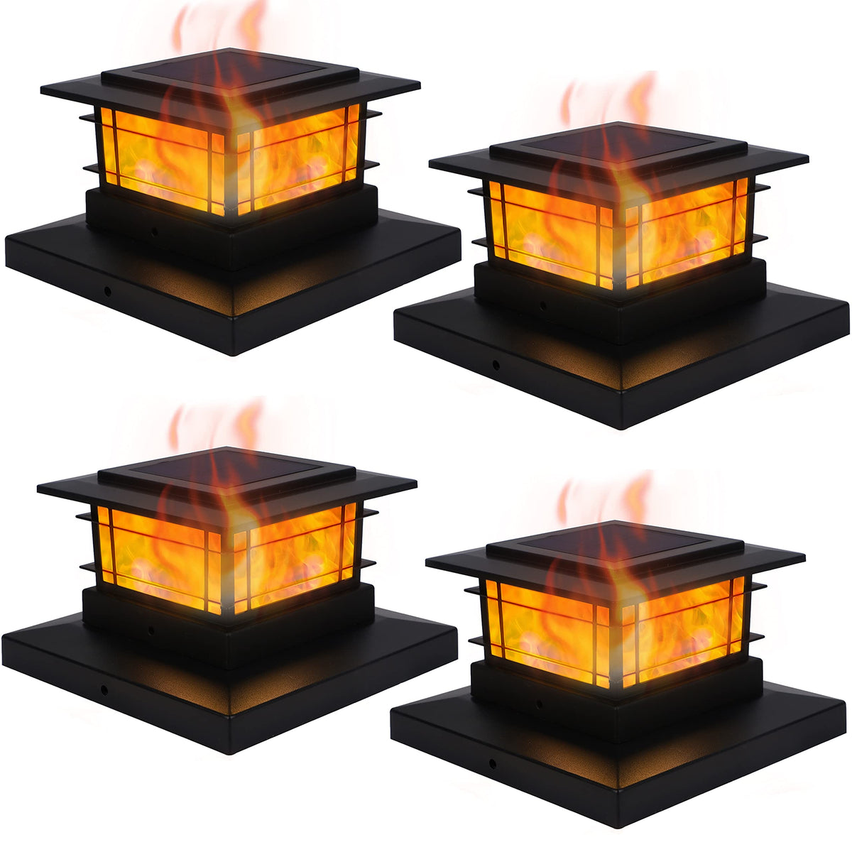 Dynaming solar post cap light flickering flame on a fence post for ambient evenings.