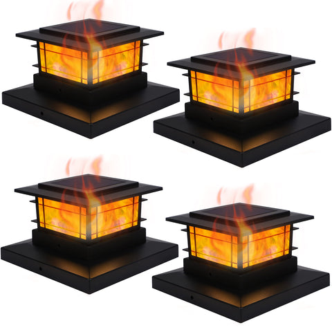 Dynaming solar post cap light flickering flame on a fence post for ambient evenings.