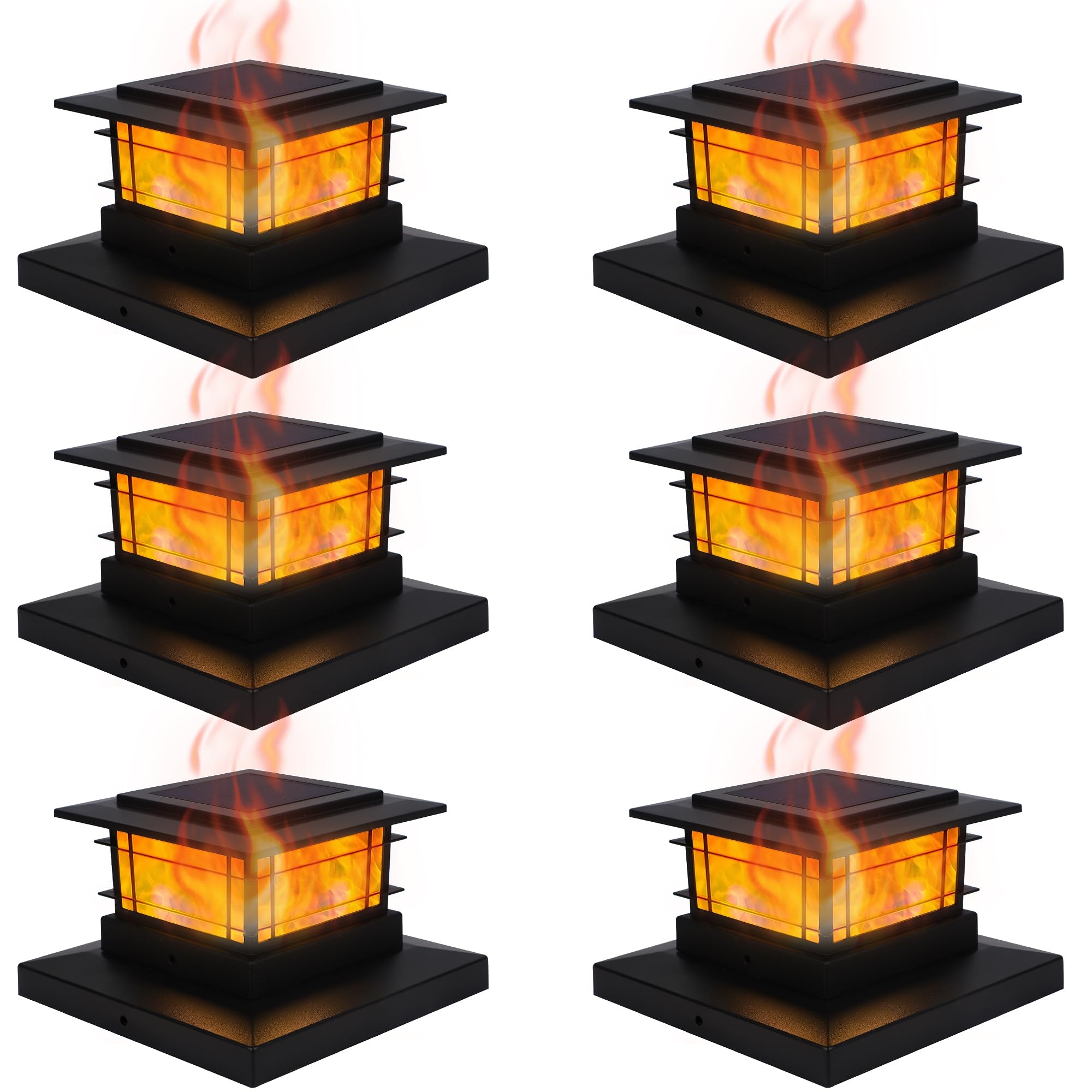 Dynaming solar post cap lights with flame close-up showing warm glow