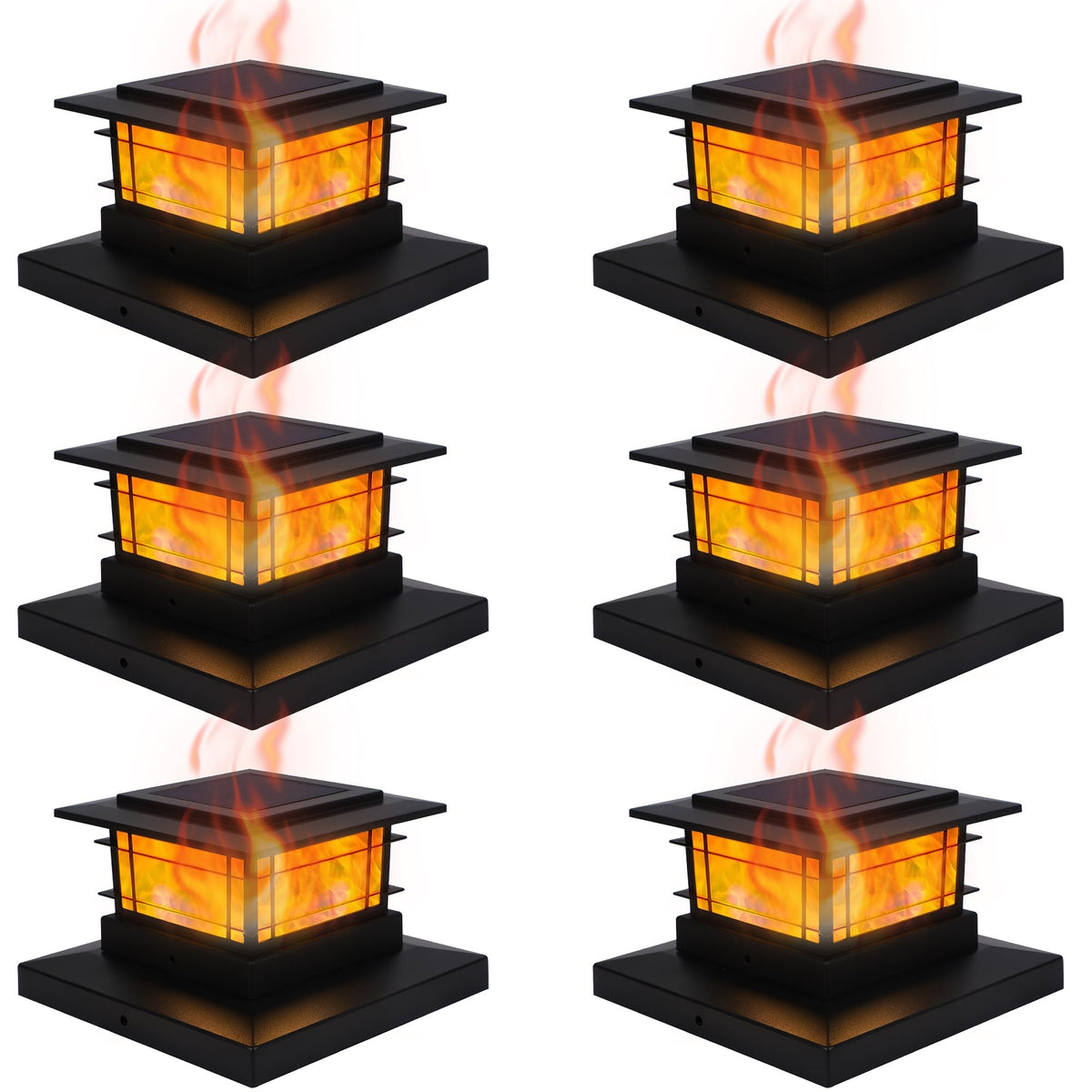 Dynaming solar post cap lights with flame close-up showing warm glow