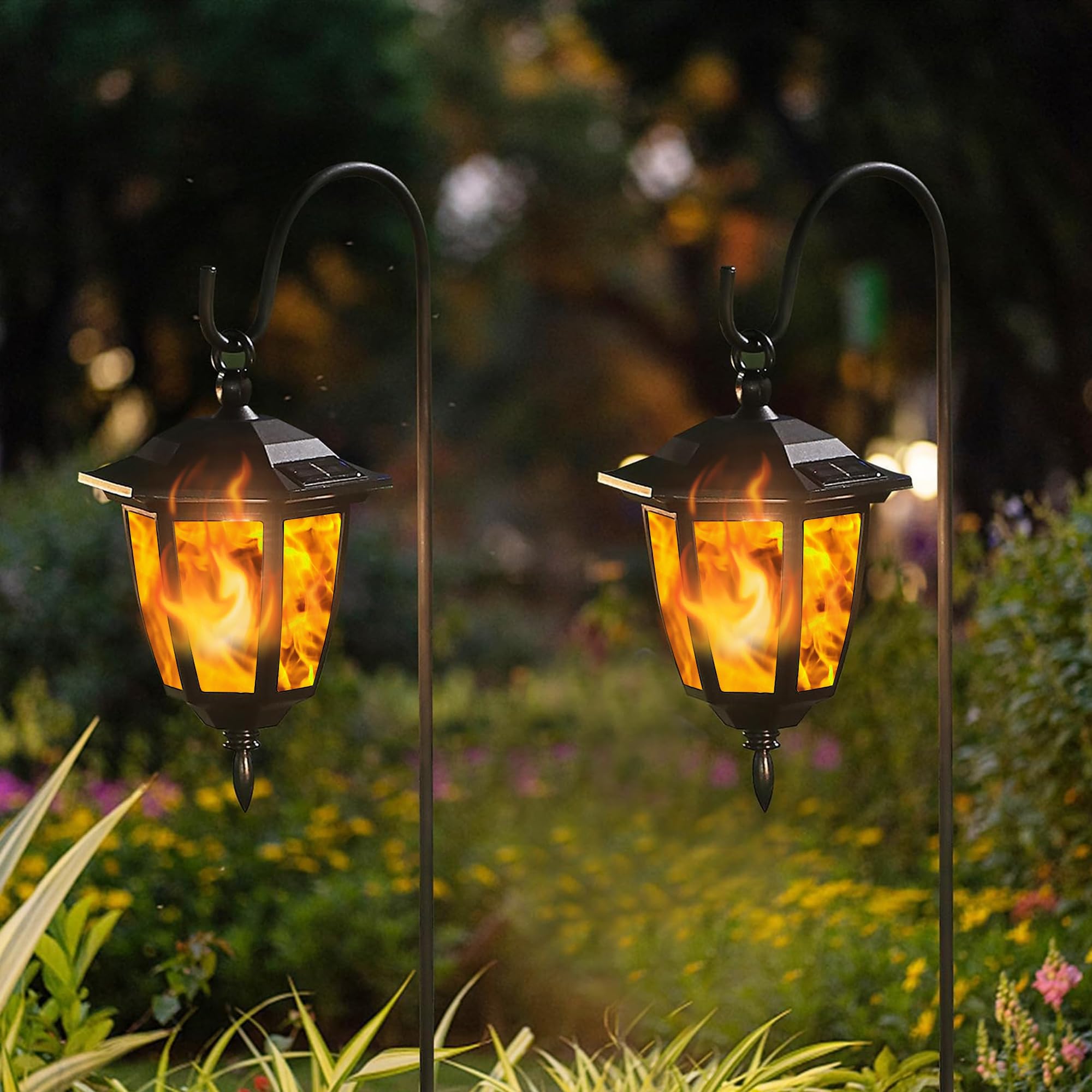 Dynaming yard pathway decor lights along driveway and porch.
