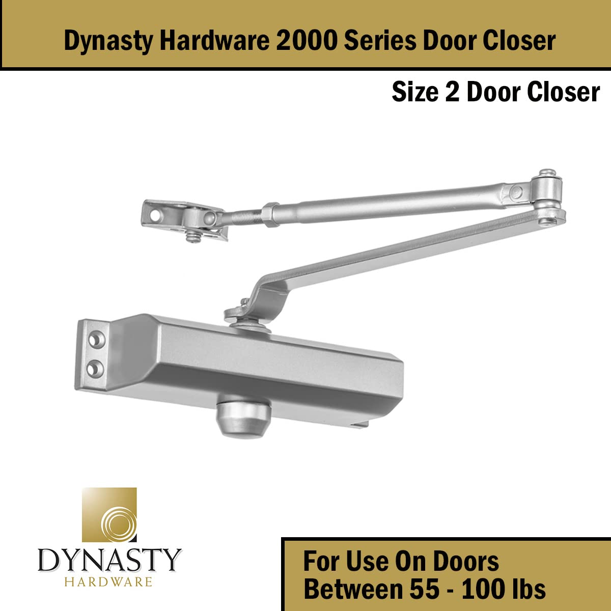Dynasty Hardware 2000-Series arm assembly close-up showing adjustable closing speed